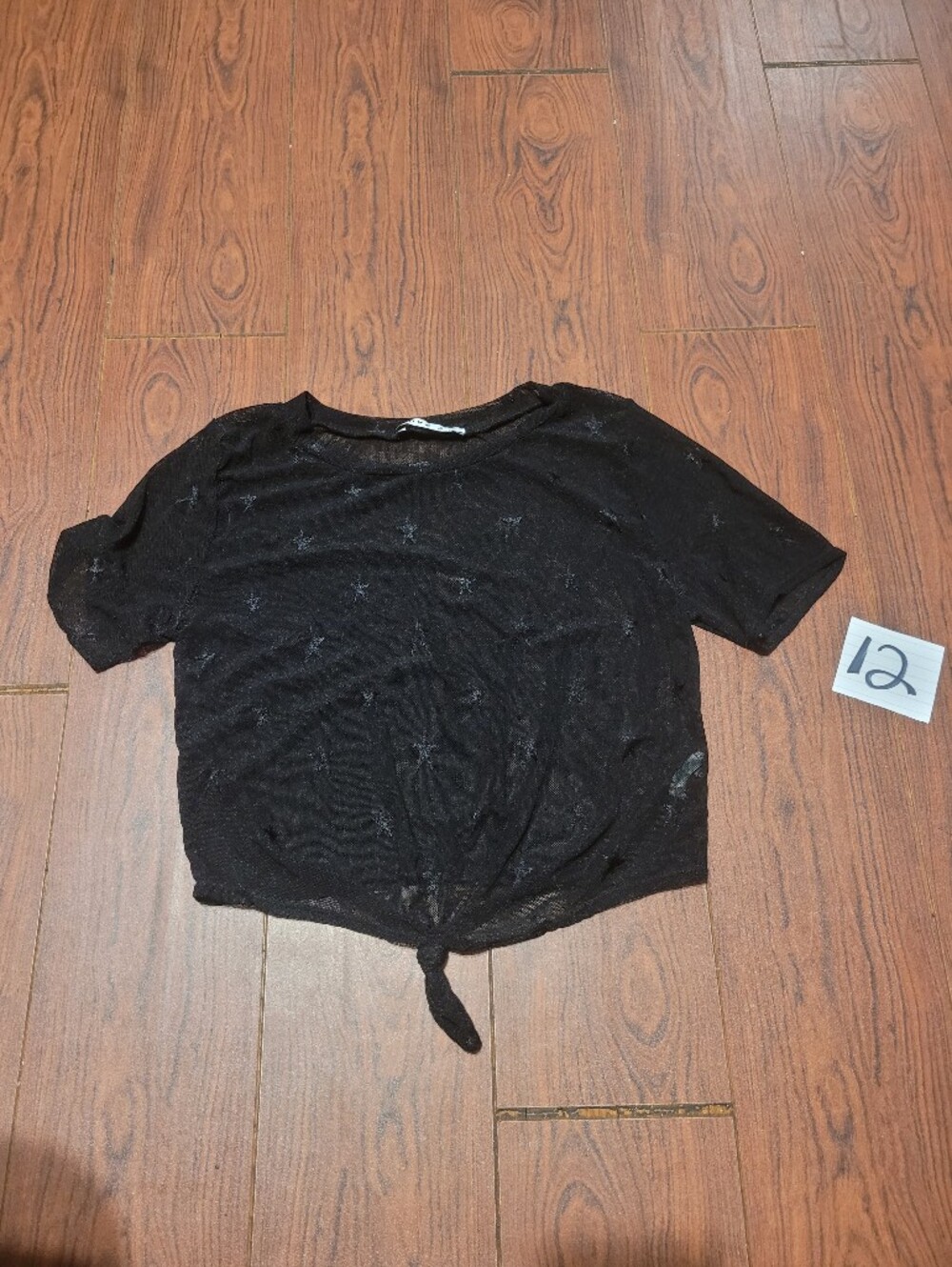 love J Black Sheer Star-Accent Tie Front Crop Top